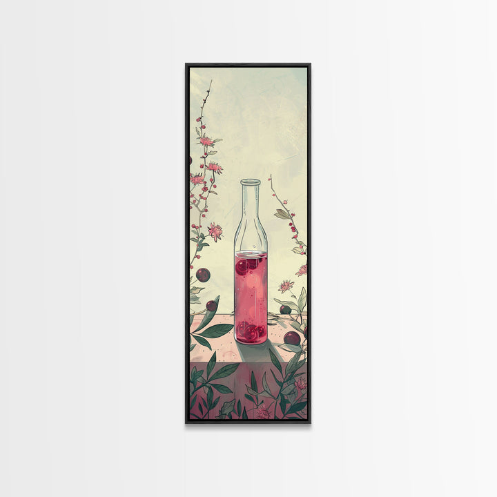 Skinny Art of Still Life with Elegant Glass Bottle and Floral Accents – Japanese-Inspired Framed Canvas Print