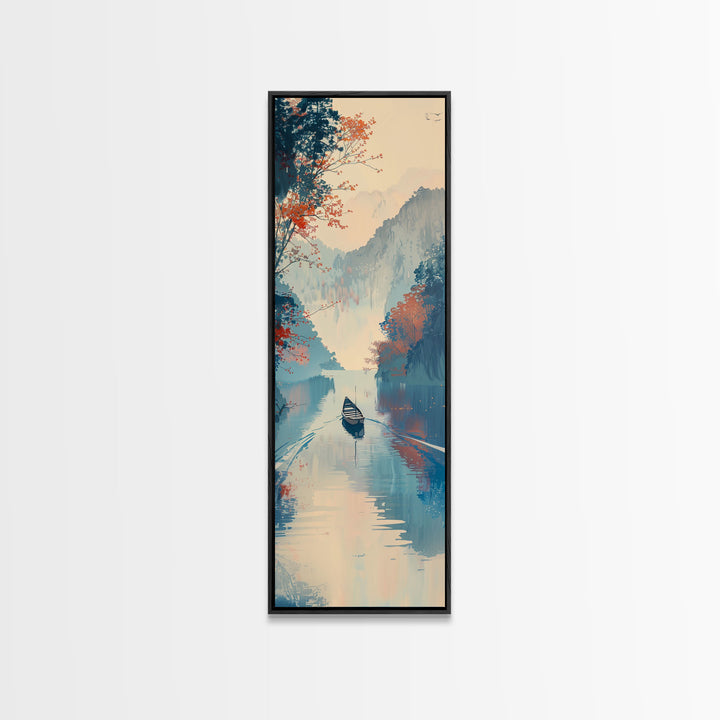 Serene Japanese Landscape Framed Canvas Print Featuring A Calm River Scene With Boat And Misty Mountains, Traditional Wall Art, Ready To Hang