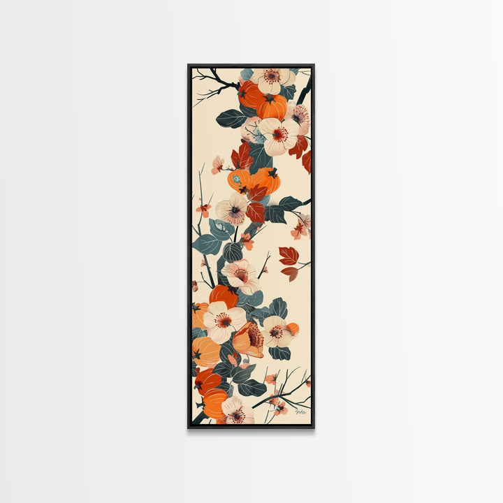 Skinny Art of Persimmon Branch with Delicate White Flowers – Japanese-Inspired Framed Canvas Print
