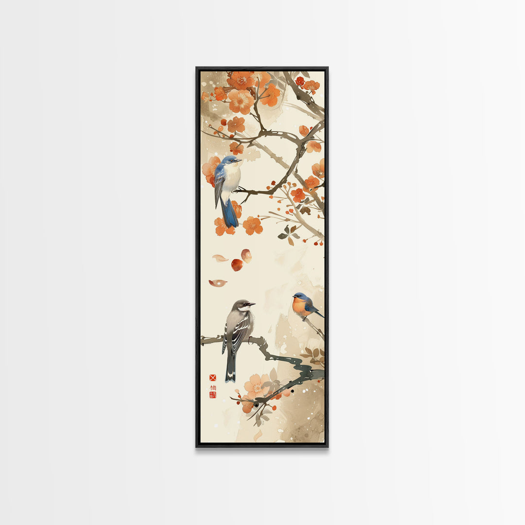 Japanese Art Inspired by Tranquil Birds and Blossoms, Framed Canvas Print for Tall Skinny Art Lovers in Ukiyo-e Style