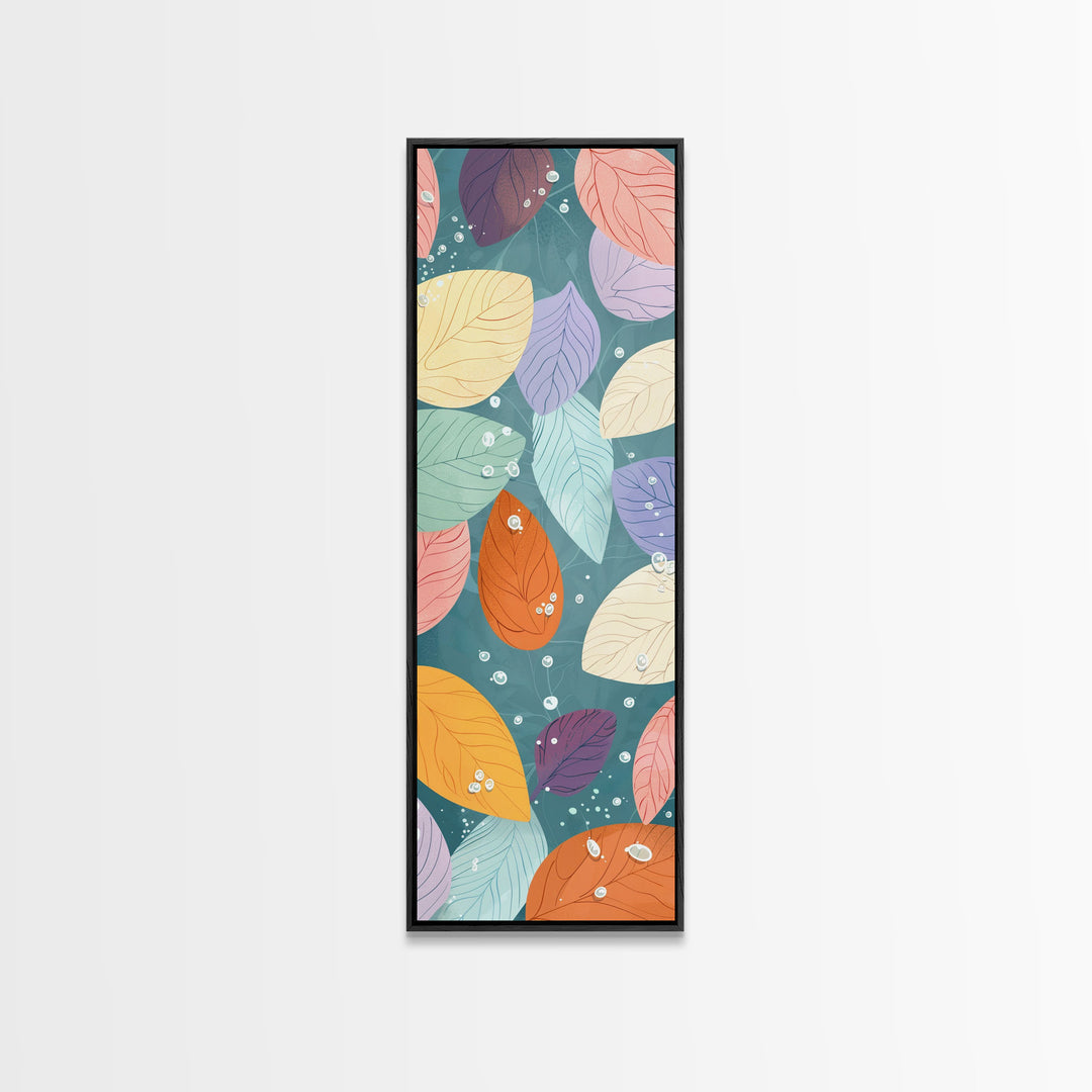 Floating Leaves in Soft Pastel Colors, Skinny Tall Art with Japanese Influence, Framed Canvas Print in Ukiyo-e Style