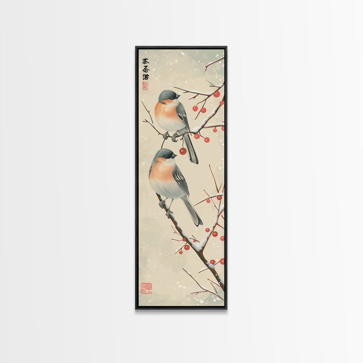 Pair of Birds on Snowy Branches, Japanese Art Framed Canvas Print, Tall and Skinny Wall Art in Ukiyo-e Style