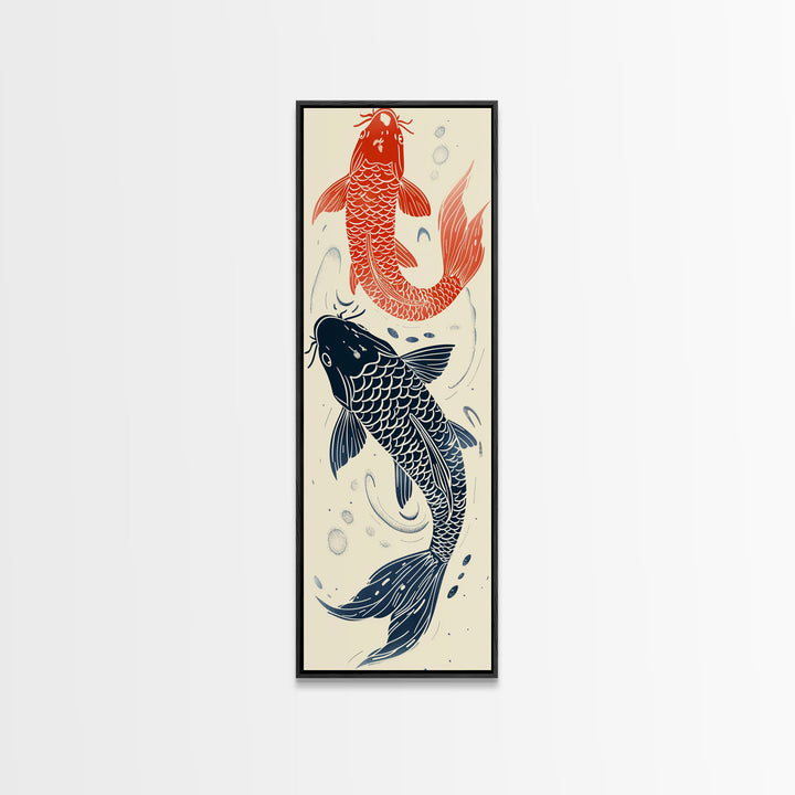 Elegant Koi Fish in Minimalist Japanese Art Style, Tall and Skinny Framed Canvas Print for Ukiyo-e Art Lovers