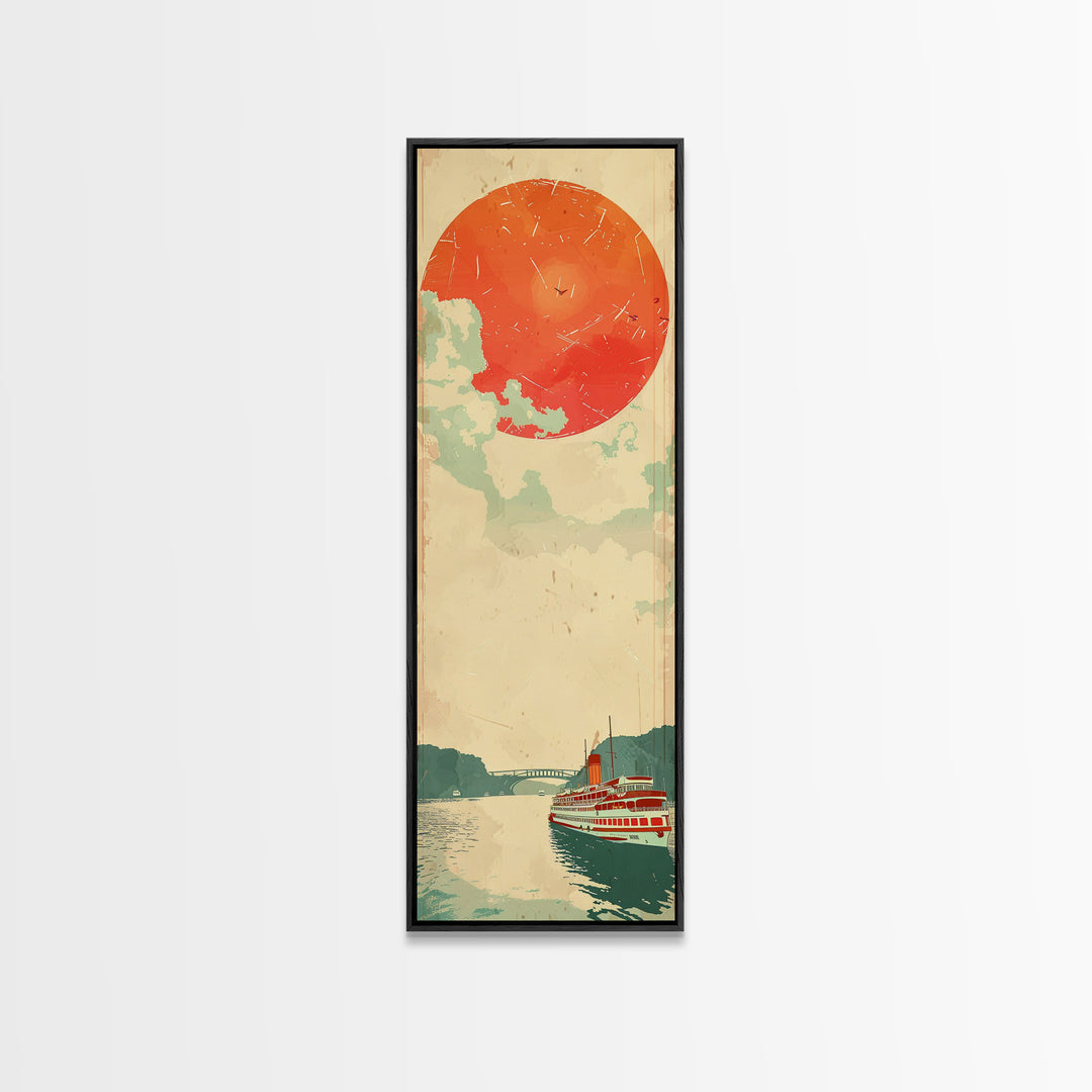Large Red Sun Over River, Japanese Art Inspired by Ukiyo-e, Framed Canvas Print for Tall Skinny Wall Spaces