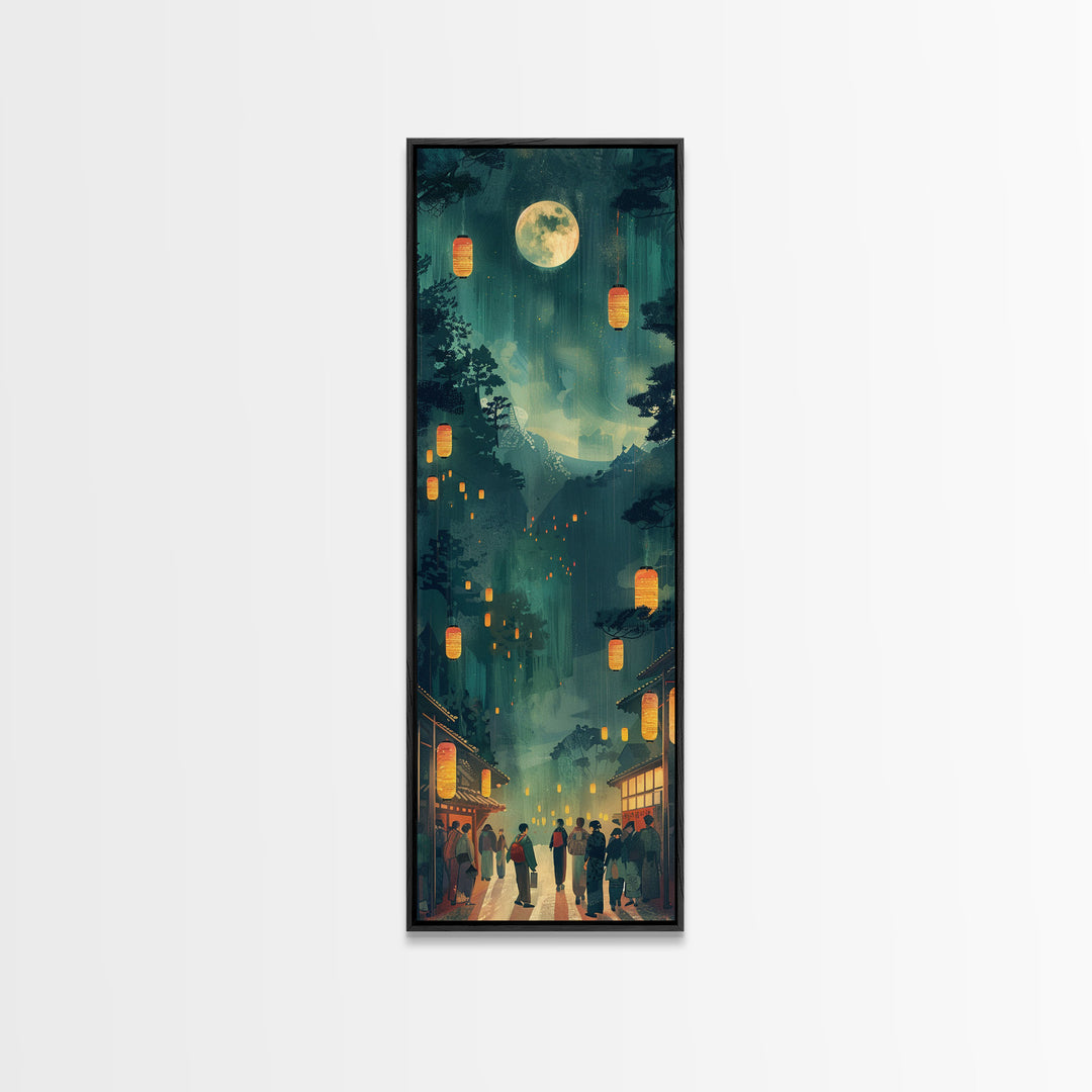 Framed Canvas Print Of A Nighttime Japanese Festival Scene With Lanterns And Pine Trees, Traditional Wall Art Ready To Hang