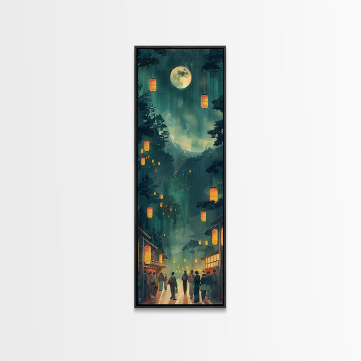 Framed Canvas Print Of A Nighttime Japanese Festival Scene With Lanterns And Pine Trees, Traditional Wall Art Ready To Hang