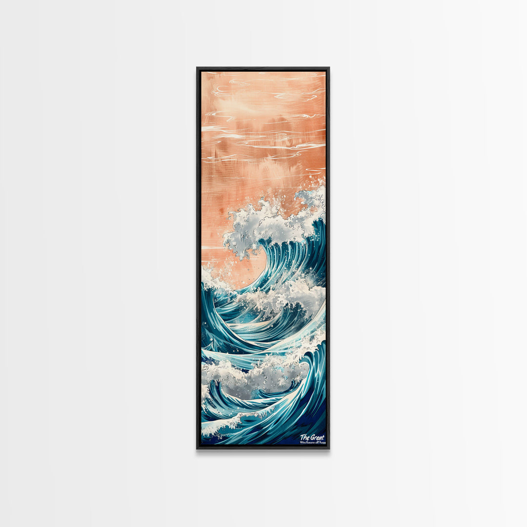 Majestic Wave, Peach Sky, Japanese Art, Skinny Art, Tall Art, Framed Canvas Print, Ukiyo-e Style