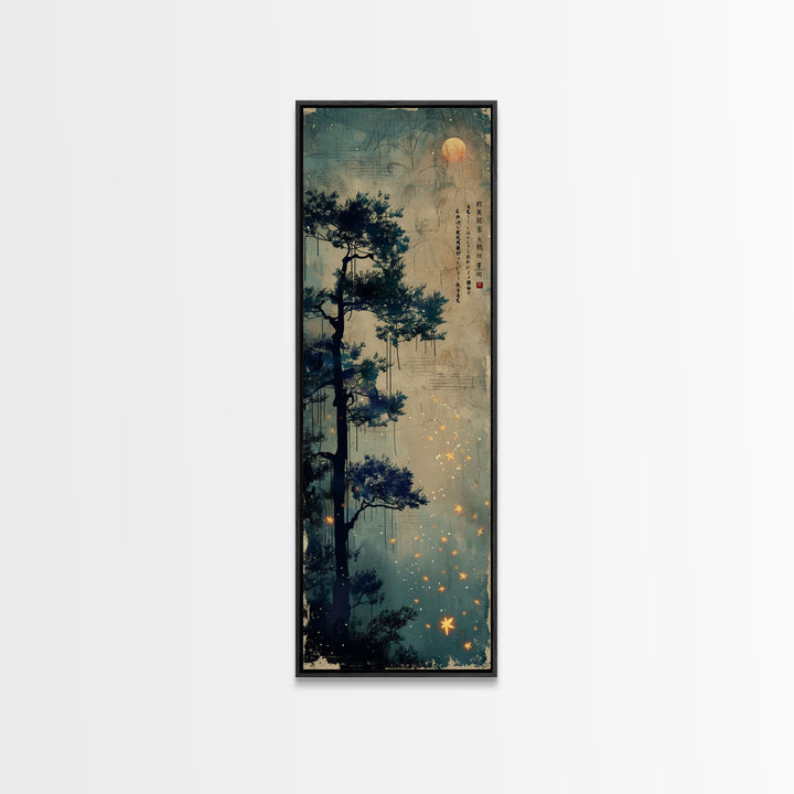 Pine Tree, Moonlit Sky, Japanese Art, Skinny Art, Tall Art, Framed Canvas Print, Ukiyo-e Style