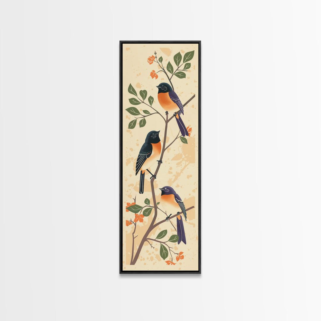 Three Birds Perched On A Branch Japanese Style Framed Canvas Print, Traditional Illustration Art Ready To Hang For Home Decor