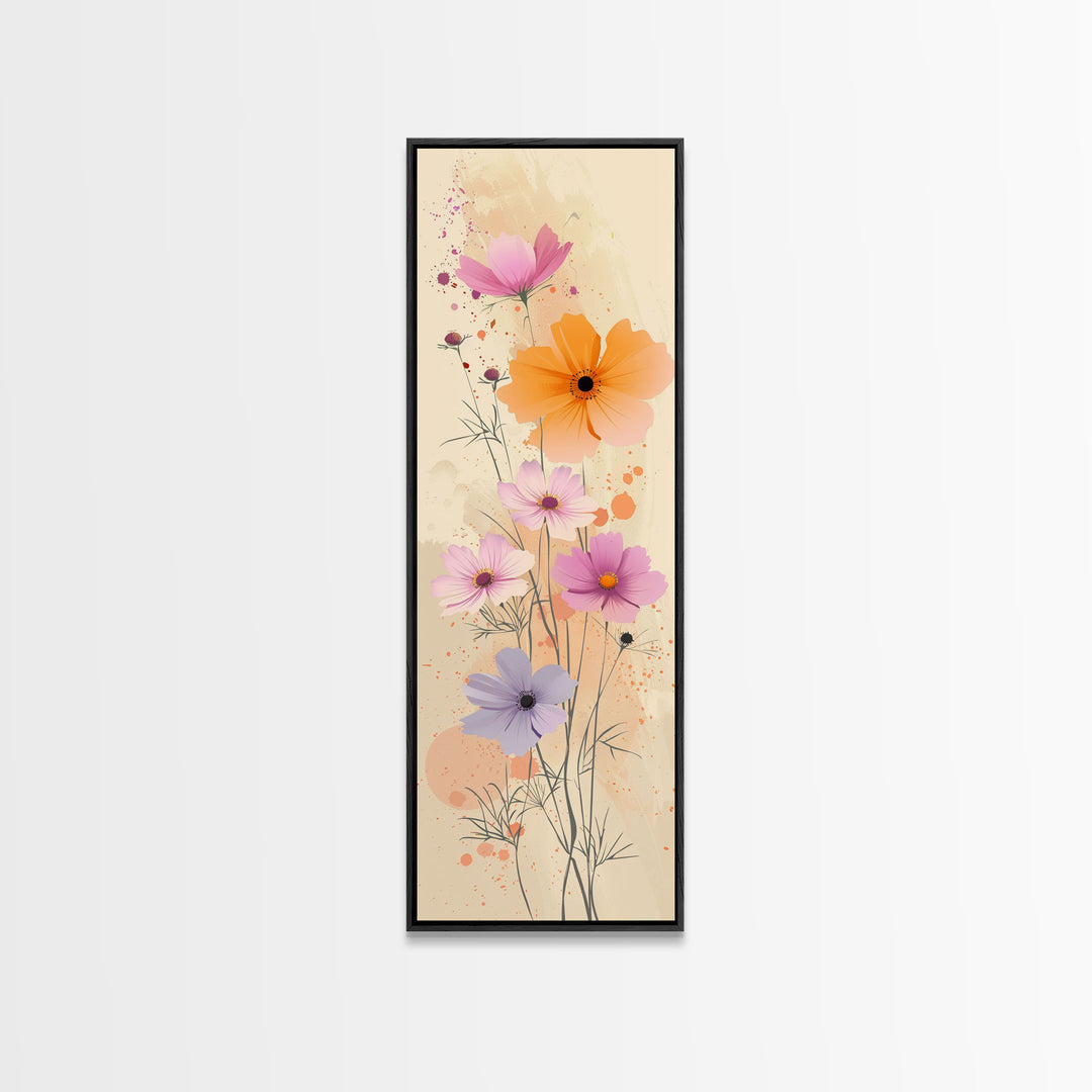 Delicate Flowers in Soft Pastel Colors Skinny Art Ukiyo-e Style Tall Framed Canvas Print for Home Décor