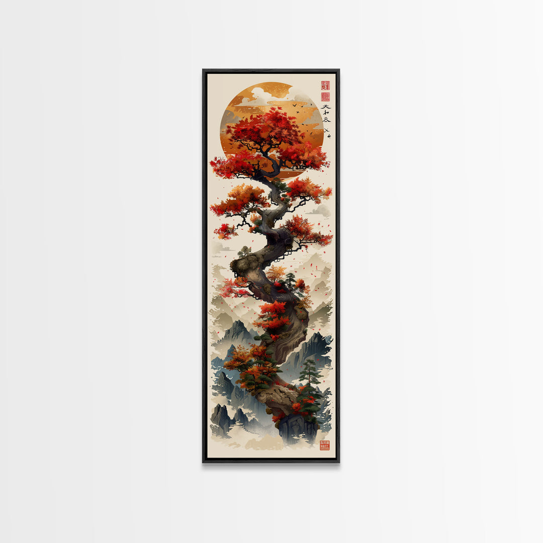 Majestic Bonsai Tree Under the Golden Sun Skinny Art Ukiyo-e Tall Framed Canvas Print with Mountain Landscape