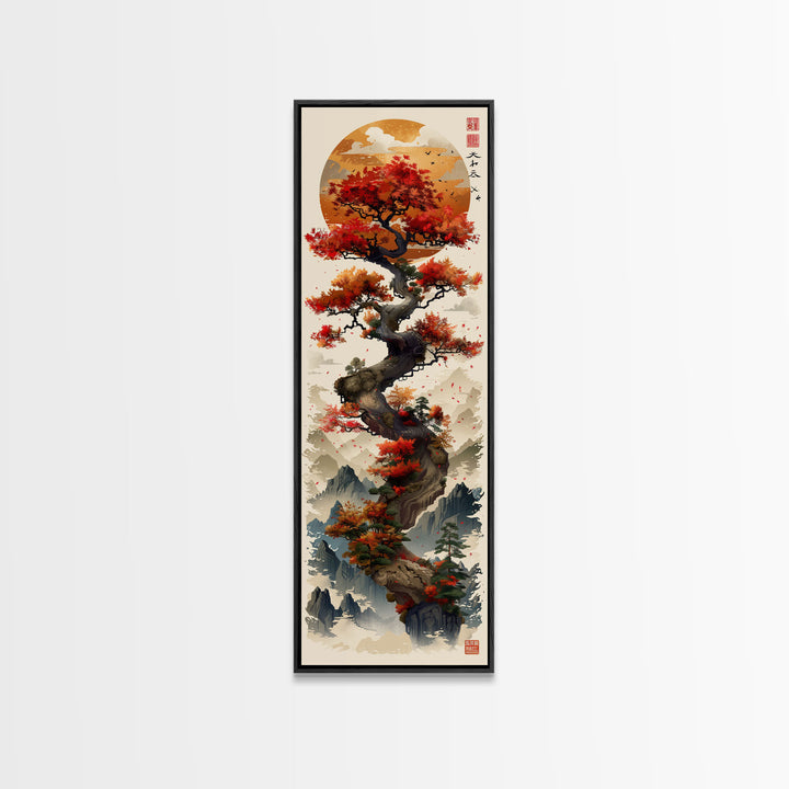 Majestic Bonsai Tree Under the Golden Sun Skinny Art Ukiyo-e Tall Framed Canvas Print with Mountain Landscape