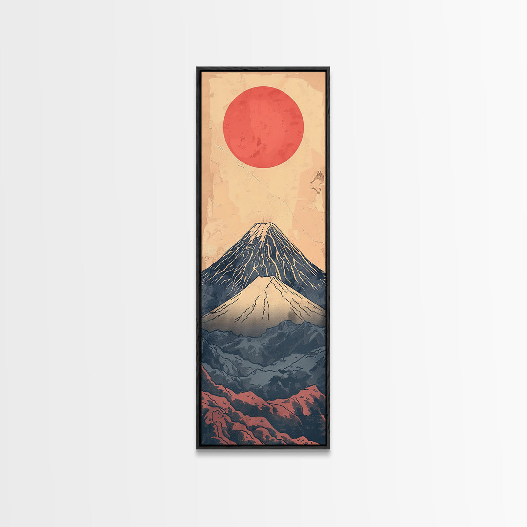 Mount Fuji Under a Red Sun Skinny Art Ukiyo-e Tall Framed Canvas Print Inspired by Japanese Landscape