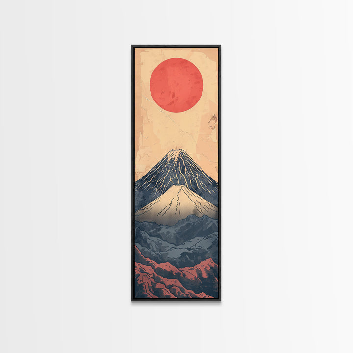 Mount Fuji Under a Red Sun Skinny Art Ukiyo-e Tall Framed Canvas Print Inspired by Japanese Landscape