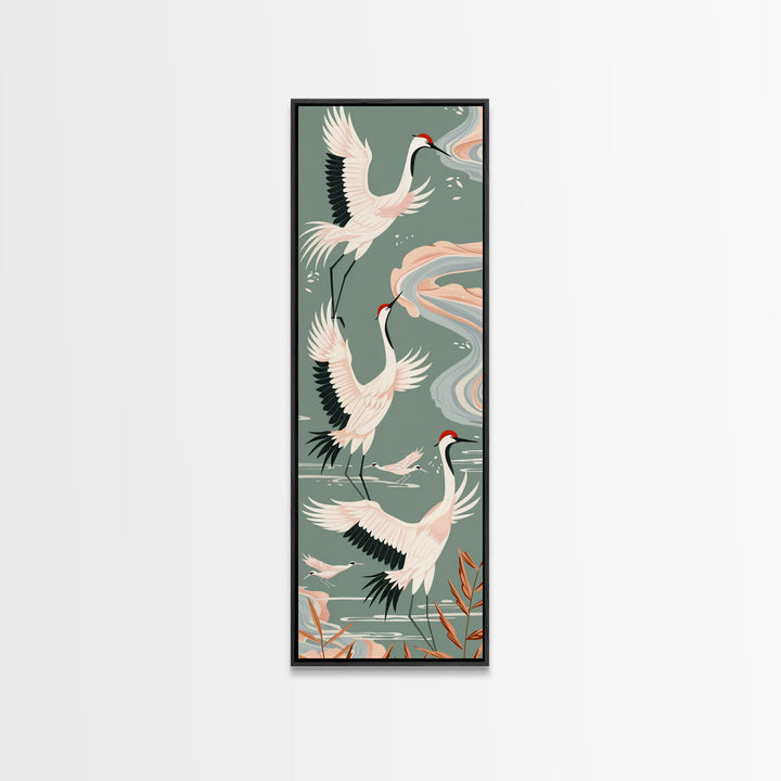 Cranes In Flight Framed Canvas Print, Traditional Japanese Art With Soft Colors And Detailed Wings, Wall Art Ready To Hang