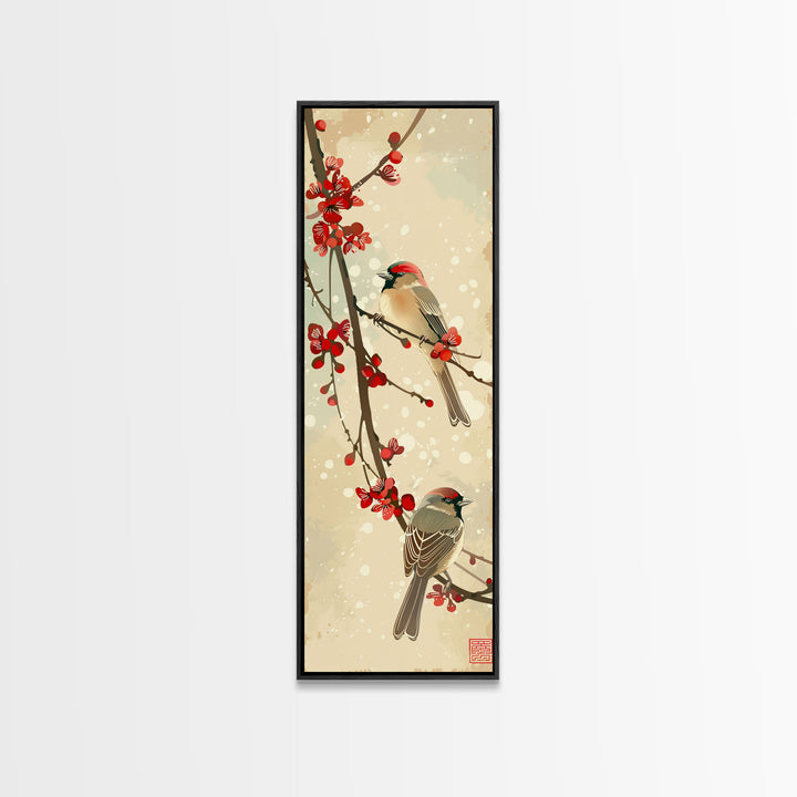 Skinny Art Sparrows And Cherry Blossoms In Japanese Style Wood Block Print Gentle Color Palette On Framed Canvas Print, Tall Art Ukiyo-e