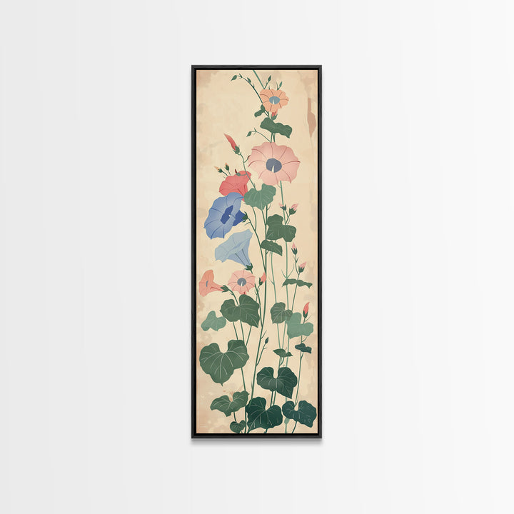 Skinny Art Tall Art Framed Canvas Print Stylized Morning Glory Blossoms In Subtle Pastel Hues Ukiyo-e Japanese Style Art Wood Block Print