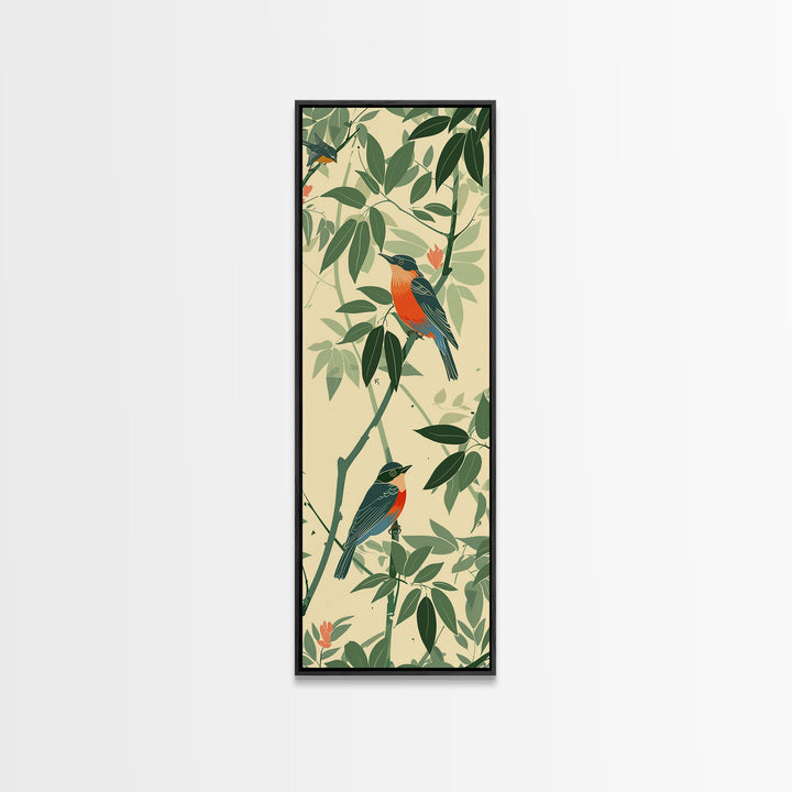 Skinny Art Tall Art Framed Canvas Print Birds Amongst Dense Greenery And Red Flowers Ukiyo-e Japanese Style Art Wood Block Print