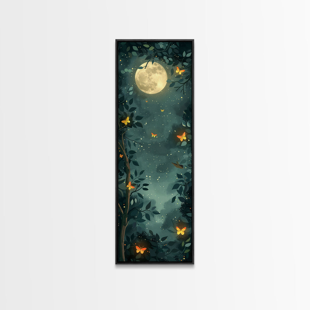 Full Moon And Butterflies In A Night Forest Japanese Style Framed Canvas Print, Wall Art Ready To Hang For Your Home