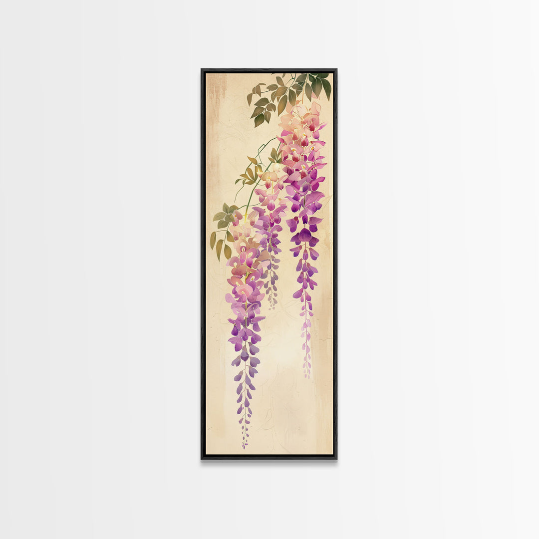 Hanging Wisteria Flowers In Purple Tones Japanese Style Framed Canvas Print, Wall Art Ready To Hang For Living Spaces