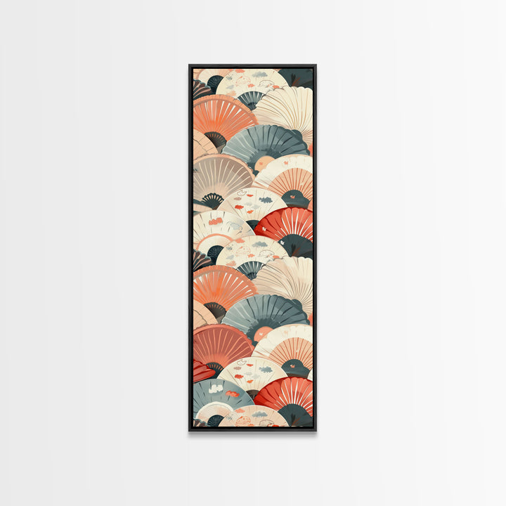 Pattern Of Overlapping Japanese Fans On Beige Background Tall Art Skinny Art Framed Canvas Print Japanese Style Art Ukiyo-e Wood Block Print