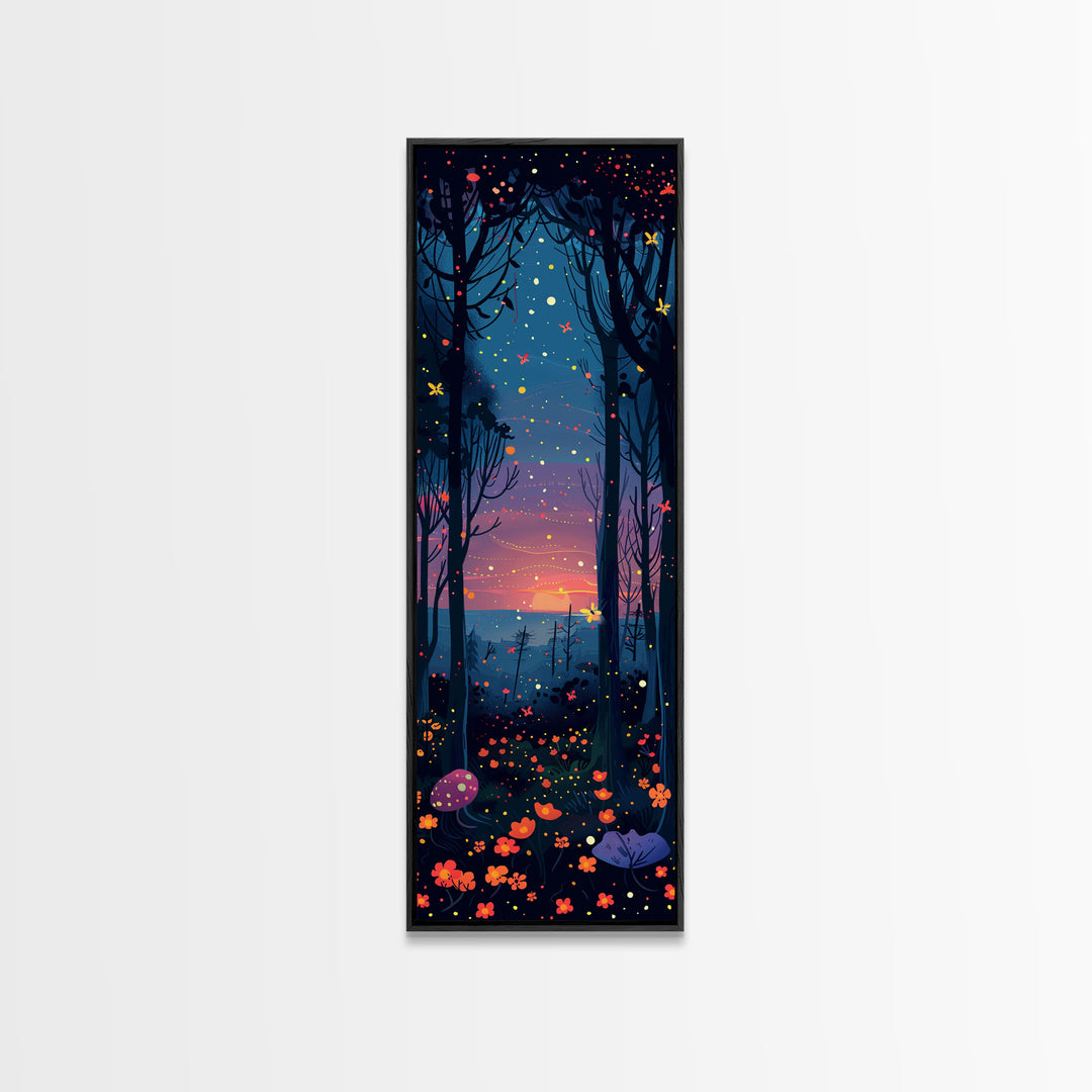 Majestic Nightfall Amidst Illuminated Trees Skinny Art Tall Art Framed Canvas Print Japanese Style Art Ukiyo-e Art Wood Block Print Tranquil Decorative