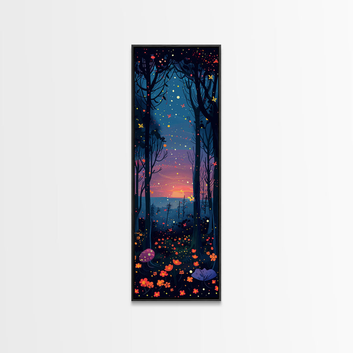 Majestic Nightfall Amidst Illuminated Trees Skinny Art Tall Art Framed Canvas Print Japanese Style Art Ukiyo-e Art Wood Block Print Tranquil Decorative