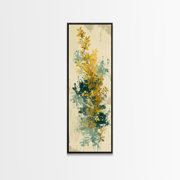 Golden Foliage Set Against Green Textured Background Skinny Art Tall Art Framed Canvas Print Japanese Style Art Ukiyo-e Art Wood Block Print Natural Elegant
