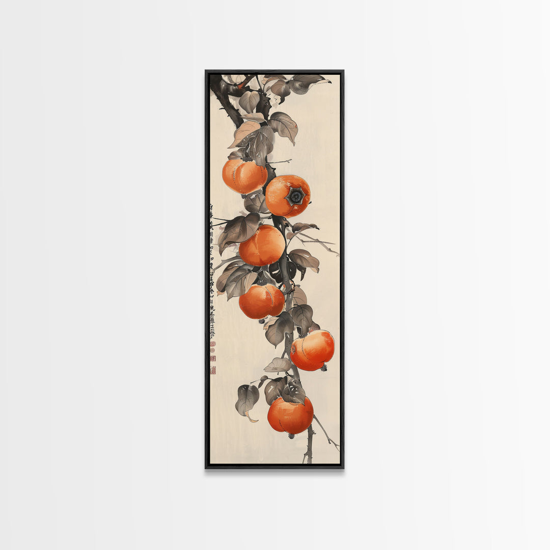 Bountiful Persimmons On Tree Branch Skinny Art Tall Art Framed Canvas Print Japanese Style Art Ukiyo-e Art Wood Block Print Seasonal Natural