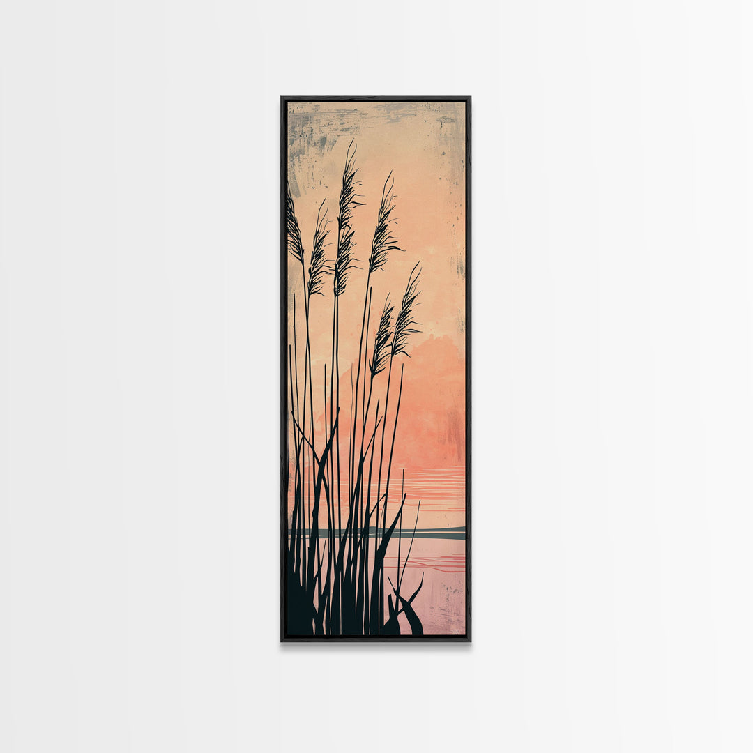 Reeds Silhouetted Against Soft Orange Sunset Skinny Art Tall Art Framed Canvas Print Japanese Style Art Ukiyo-e Art Wood Block Print Tranquil Scenic