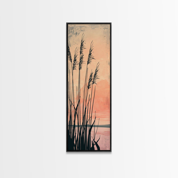 Reeds Silhouetted Against Soft Orange Sunset Skinny Art Tall Art Framed Canvas Print Japanese Style Art Ukiyo-e Art Wood Block Print Tranquil Scenic