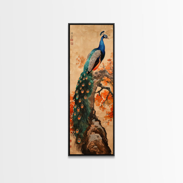 Majestic Peacock Perched On A Branch With Autumn Leaves, Skinny Art Tall Wall Art Framed Canvas Print Japanese Style Art