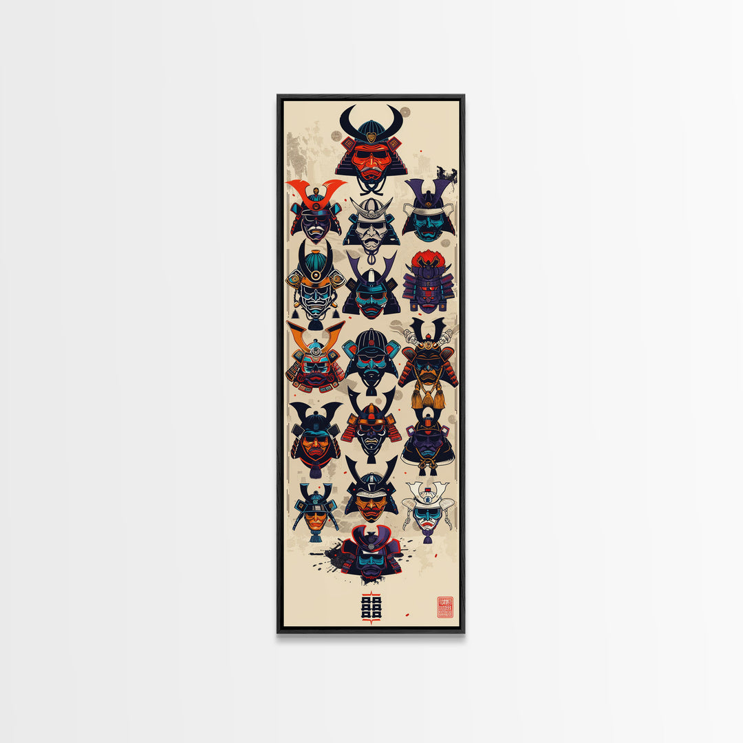 Canvas Print Traditional Japanese Samurai Helmets Collection, Intricate Details In Warrior Masks, Bold Cultural Decor For Any Space
