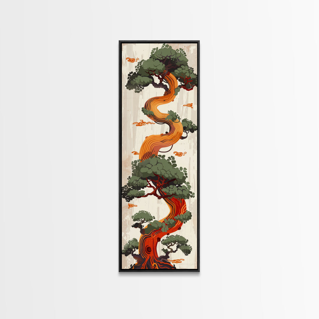 Curved Tree With Green Foliage Ukiyo-e Art Japanese Style Framed Canvas Print Wood Block Print Skinny Art Tall Art