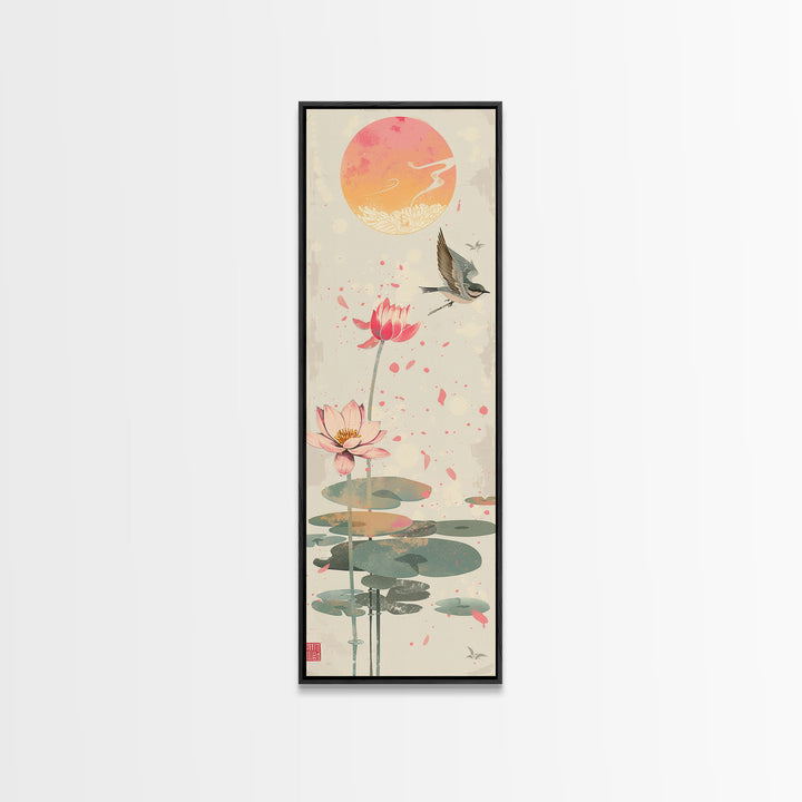 Autumn Maple Leaves Falling Tall Skinny Japanese Wall Art - Framed Canvas Print in Ukiyo-e Style