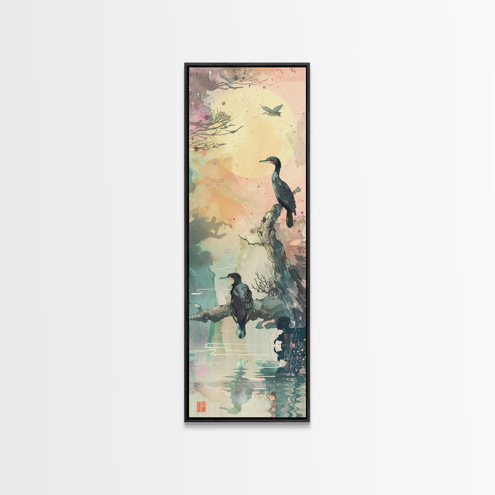 Orange Marigold Blossoms in Japanese Style Tall Skinny Framed Canvas Print - Ukiyo-e Wall Art