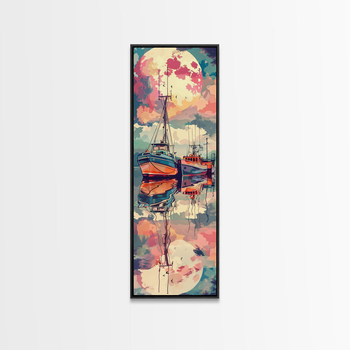 Canvas Print Colorful Fishing Boats Under Full Moon, Vibrant Coastal Scene For Nautical-Themed Home Decor, Wall Decoration
