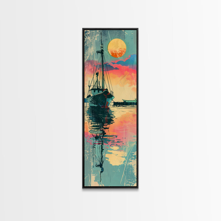 Fishing Boat Reflecting in Water with Vibrant Sunset, Japanese Art-Inspired Tall Framed Canvas Print for Wall Art