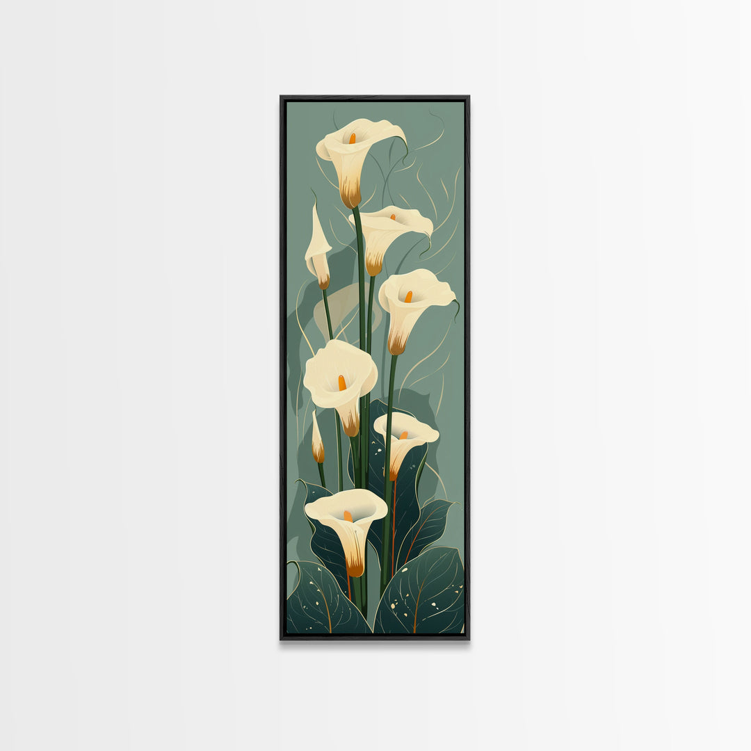 black and white calla lily wall art White Calla Lilies on Green Background, Tall Framed Canvas Print in Japanese Ukiyo-e Style Wall Art