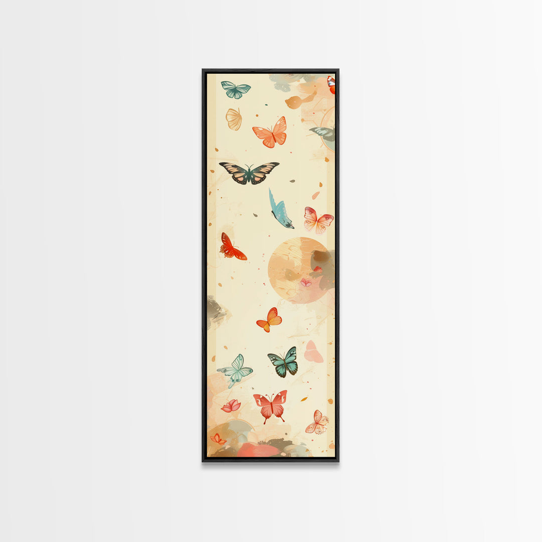 Colorful Butterflies Floating Across Light Background, Tall Framed Canvas Print for Wall Decor