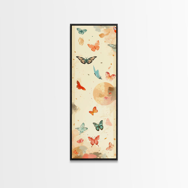 Colorful Butterflies Floating Across Light Background, Tall Framed Canvas Print for Wall Decor