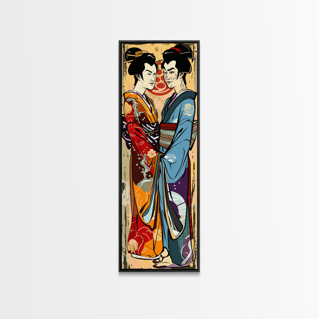 Japanese Couple in Traditional Kimono, Tall Skinny Framed Canvas Print for Wall Art