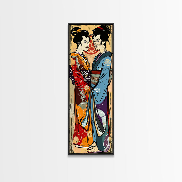 Japanese Couple in Traditional Kimono, Tall Skinny Framed Canvas Print for Wall Art