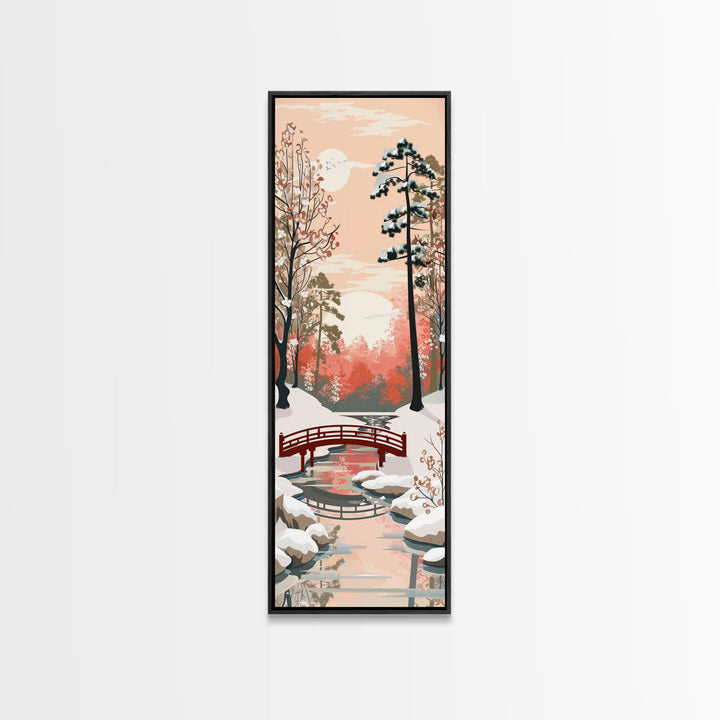 Serene Japanese Winter Landscape Highlighting A Red Bridge Snow-Covered Pines Under A Peaceful Sky Tall Framed Canvas Print Nature Scene