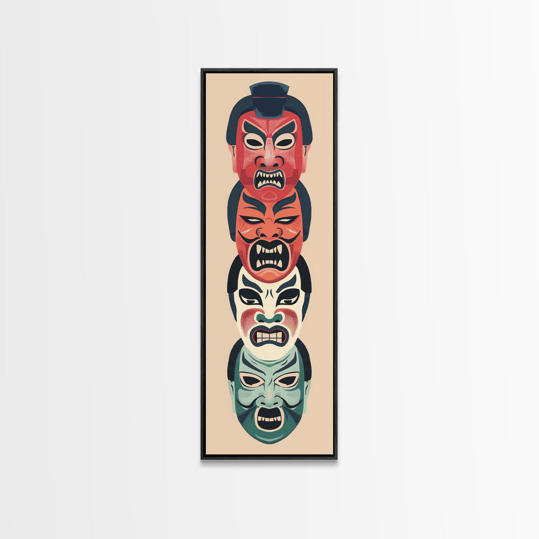 Bold Striking Japanese Kabuki Masks Vibrant Colors Depicted Traditional Style Tall Framed Canvas Print Cultural Home Decor