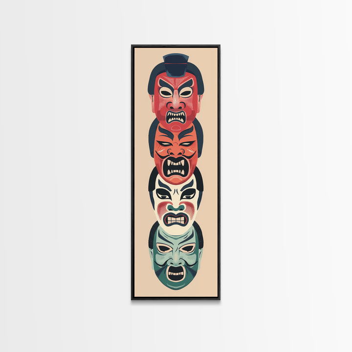 Bold Striking Japanese Kabuki Masks Vibrant Colors Depicted Traditional Style Tall Framed Canvas Print Cultural Home Decor