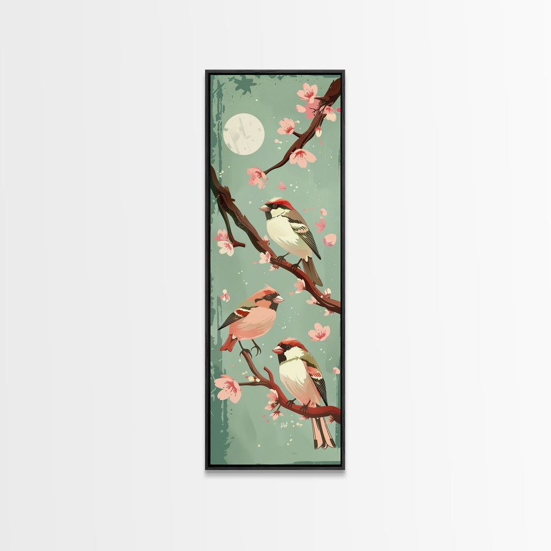 Delicate Sparrows Perched On Cherry Blossoms Under Full Moon Serene Nighttime Setting Captured Tall Framed Canvas Print Nature Scene