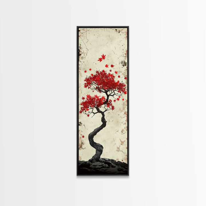Red Maple Bonsai Tree Japanese Art Skinny Wall Art Framed Canvas Print with Windswept Branches and Red Leaves