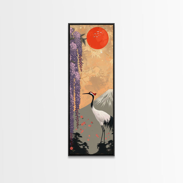 Japanese Crane Skinny Wall Art Framed Canvas Print in a Garden with Wisteria Flowers and Mount Fuji in the Background