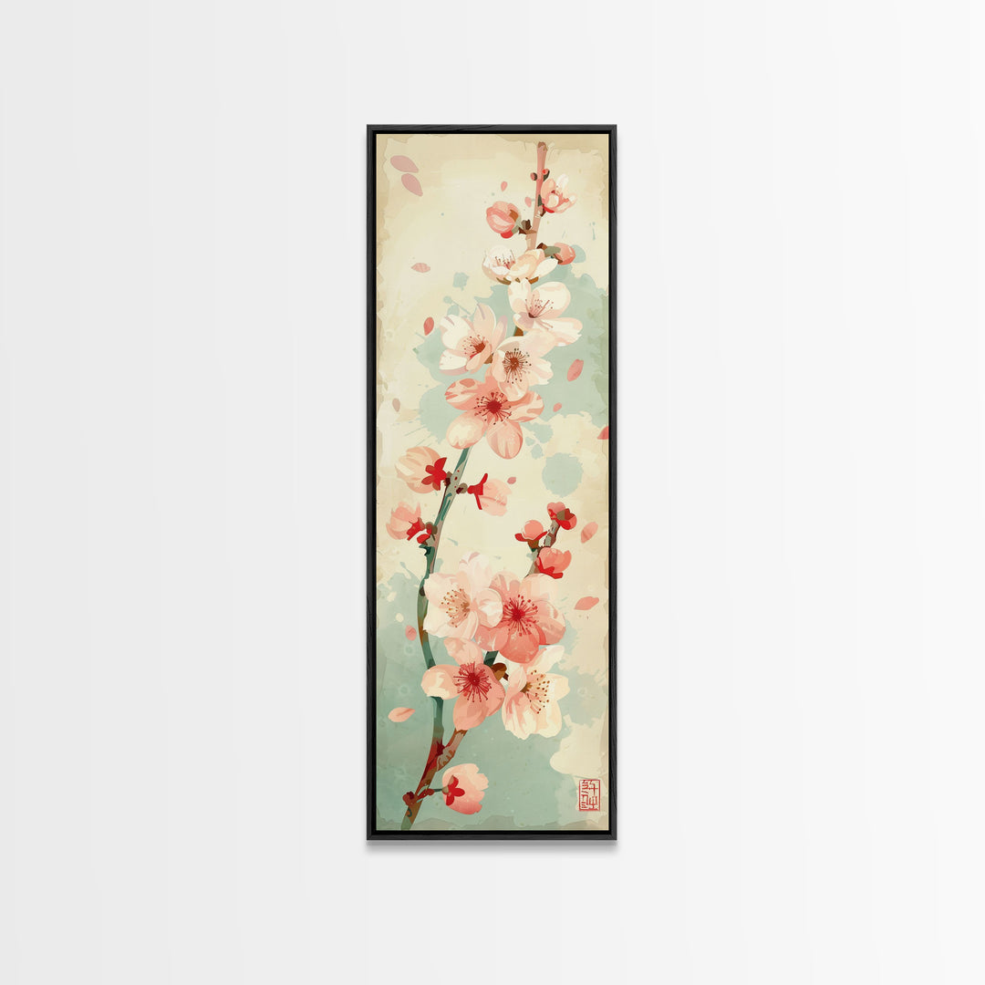 Cherry Blossom Japanese Art Skinny Wall Art Framed Canvas Print in Light Pastel Colors on Branch Against Subtle Green Background